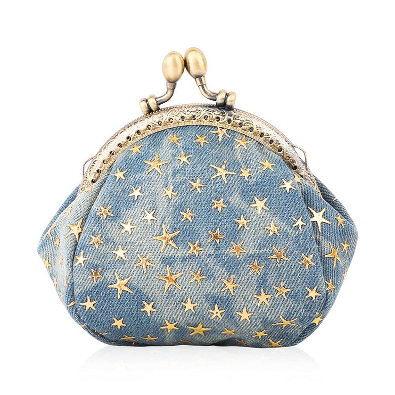 Oyachic Five Pointed Star Coin Purse Denim Change Pouch Wallets Buckle with Kisslock Clasp Coin Holder Clutch Handbags for Women Ladies,Blue - Image 1