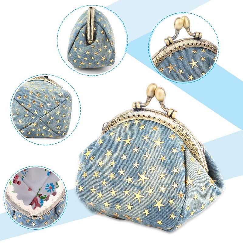 Oyachic Five Pointed Star Coin Purse Denim Change Pouch Wallets Buckle with Kisslock Clasp Coin Holder Clutch Handbags for Women Ladies,Blue - Image 2