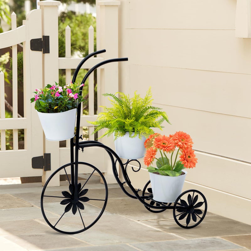 LEWIS&WAYNE Metal Tricycle Planter, 3 Tier Floral Flower Plant Stand Holder Hand Painted Outdoor Garden Patio Decor - Image 2