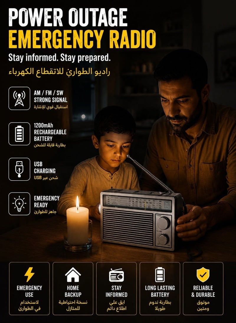 BAIJIALI Portable Emergency Radio – AM/FM/SW Rechargeable 1200mAh Battery – Outdoor Camping & Survival Radio – Strong Signal Reception – Compact Travel Design - Image 4