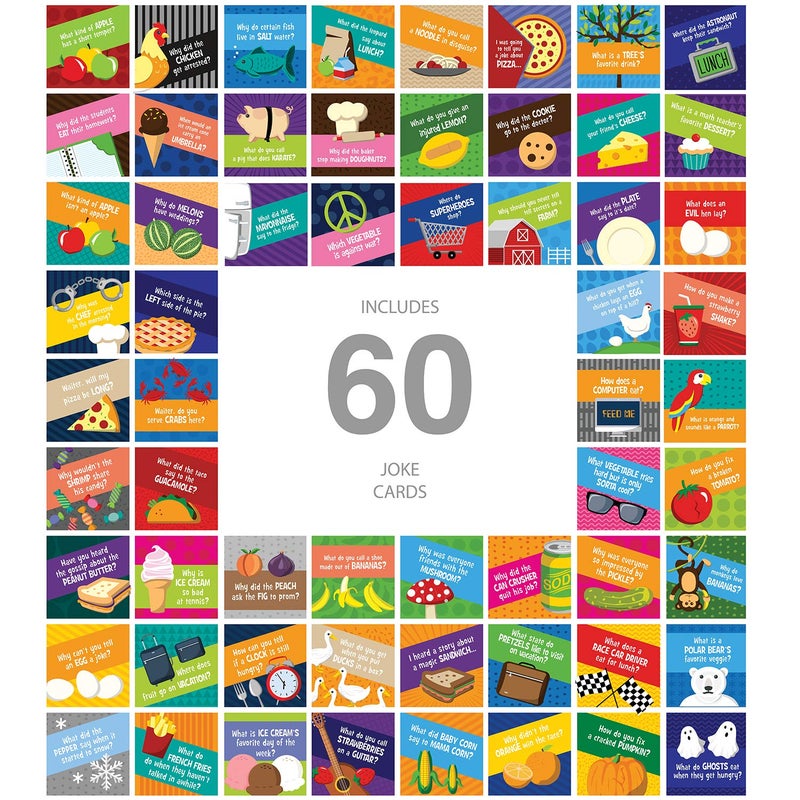 صندوق غداء مزخرف من كانوبي ستريت مع نكات للأطفال 60 نكتة طعام مضحكة 35 × 35 ملاحظات غداء مسطحة سخيفة مصنوعة في الولايات المتحدة