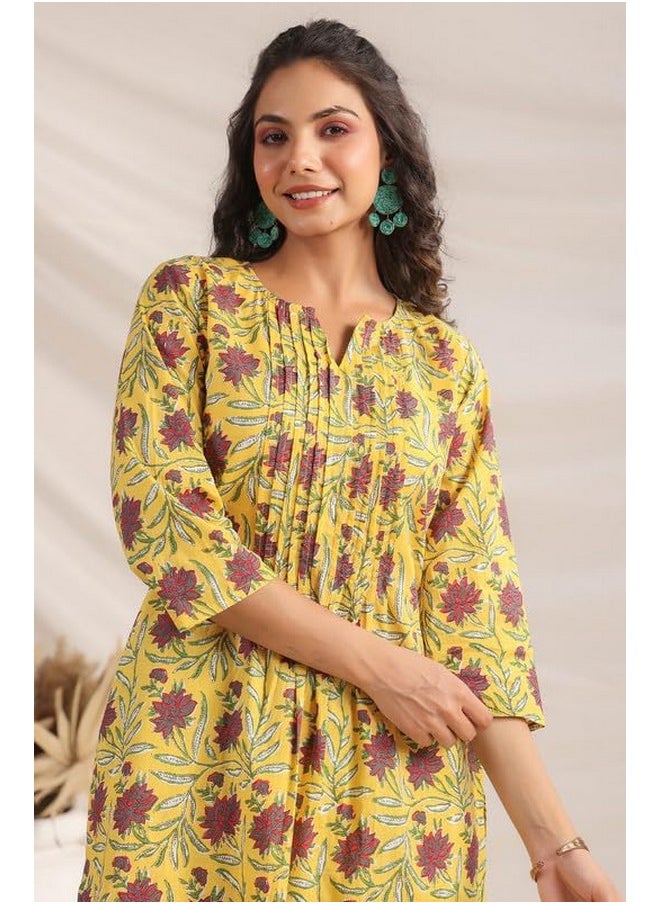 Janasya - Janasya Women's Yellow Cotton Floral Pleated Co-ord Set (JAA24CD00321-XL) - Image 1