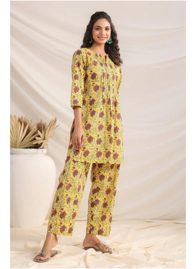 Janasya - Janasya Women's Yellow Cotton Floral Pleated Co-ord Set (JAA24CD00321-XL) - Image 1