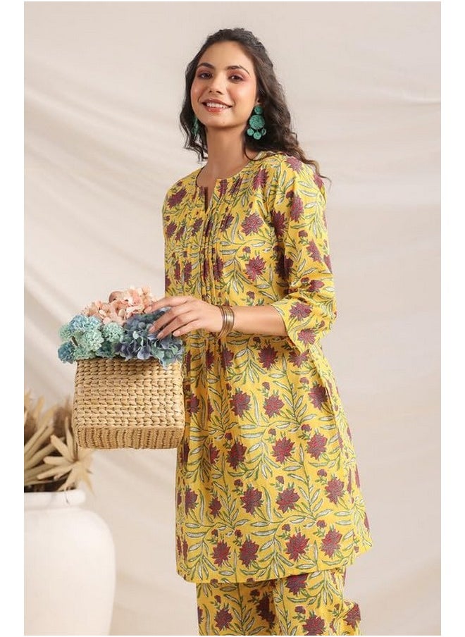 Janasya - Janasya Women's Yellow Cotton Floral Pleated Co-ord Set (JAA24CD00321-XL) - Image 1