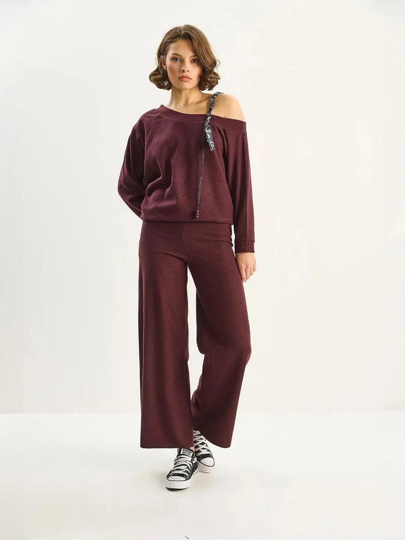 Bianco Lucci Burgundy Red LUCCI Knitwear Accesiory Detailed Two-Piece Set for Women | Best Price UAE