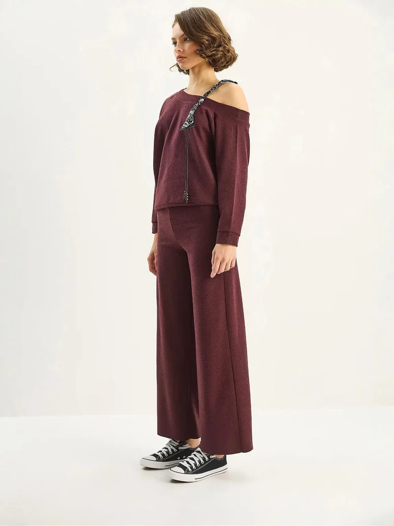 Bianco Lucci Burgundy Red LUCCI Knitwear Accesiory Detailed Two-Piece Set for Women | Best Price UAE