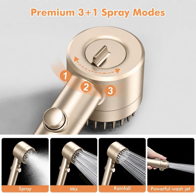 FEELSO Hard Water Filter Shower Head High Pressure with 1.5m Hose Silver | 3+1 Spray Jet Modes Handheld Massage Shower Head with 15 Stage Filter for Residual Chlorine Remove & Reduce Dry Itchy Skin - Image 2
