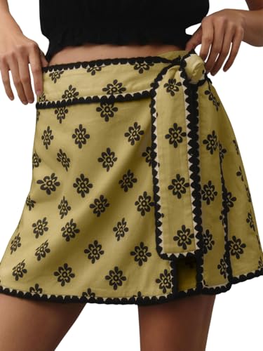 Breoklla Mini Wrap Skort for Women Flowy Bodycon Print Shirt Short Elastic Waist Fall Casual Beige Skort(Green,XS) - Image 3
