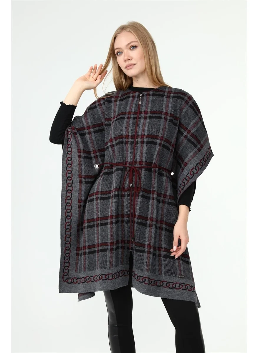 Garmi Women's Plaid Detail Poncho Claret Red