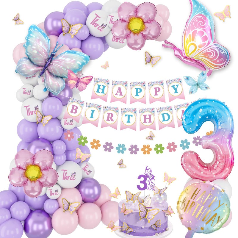 KISPATTI 3rd Birthday Decorations for Girls Threenager Birthdays Party Decoration Butterfly Birthdays Decorations Happy Bday Banner Pink and Purple Balloons 3 Year Old Birthday Decoration Girls - Image 3