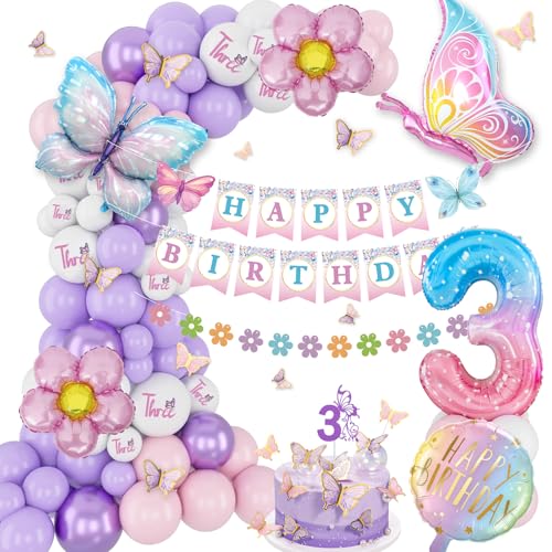 KISPATTI 3rd Birthday Decorations for Girls Threenager Birthdays Party Decoration Butterfly Birthdays Decorations Happy Bday Banner Pink and Purple Balloons 3 Year Old Birthday Decoration Girls - Image 1