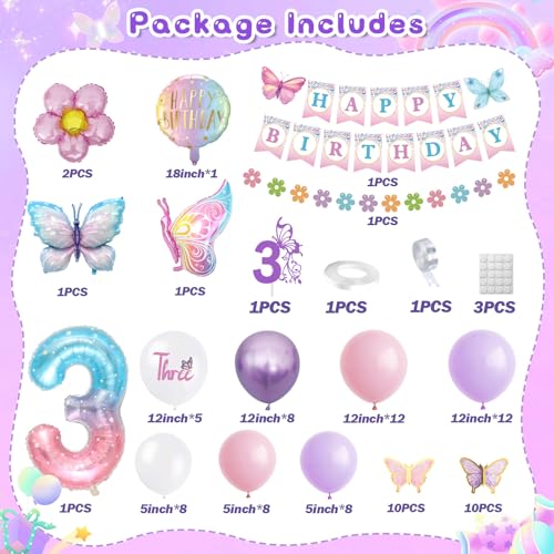 KISPATTI 3rd Birthday Decorations for Girls Threenager Birthdays Party Decoration Butterfly Birthdays Decorations Happy Bday Banner Pink and Purple Balloons 3 Year Old Birthday Decoration Girls - Image 5