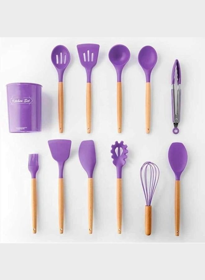 إلترازون 12-Piece Silicone Kitchen Utensil Set with Wooden Handles & Holder, Heat-Resistant BPA-Free Cooking Tools for Non-Stick Cookware – Spatula, Spoon, Turner & Kitchen Accessories (Purple) - Image 1