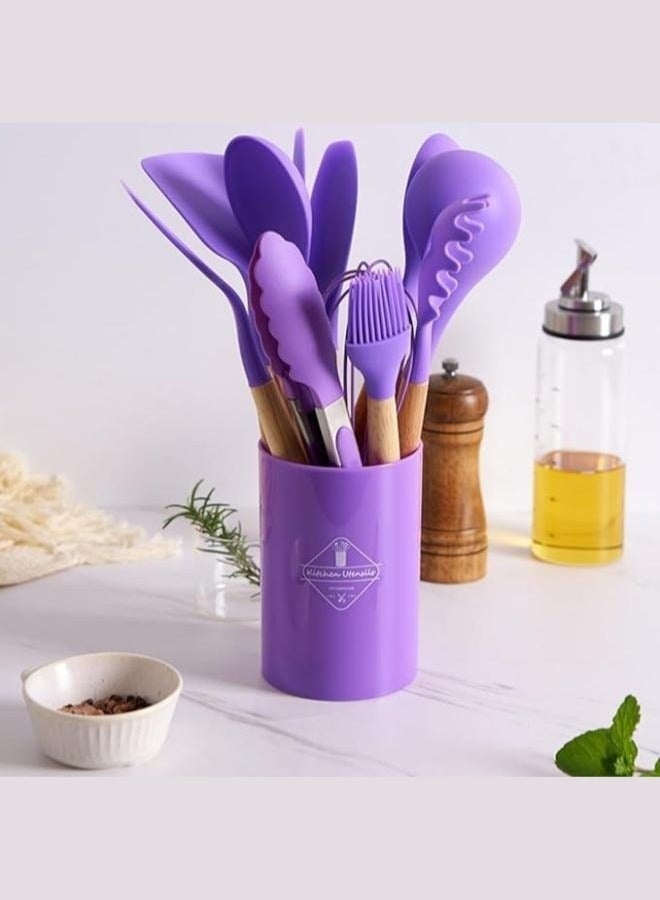 إلترازون 12-Piece Silicone Kitchen Utensil Set with Wooden Handles & Holder, Heat-Resistant BPA-Free Cooking Tools for Non-Stick Cookware – Spatula, Spoon, Turner & Kitchen Accessories (Purple) - Image 2