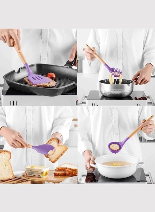 إلترازون 12-Piece Silicone Kitchen Utensil Set with Wooden Handles & Holder, Heat-Resistant BPA-Free Cooking Tools for Non-Stick Cookware – Spatula, Spoon, Turner & Kitchen Accessories (Purple) - Image 3