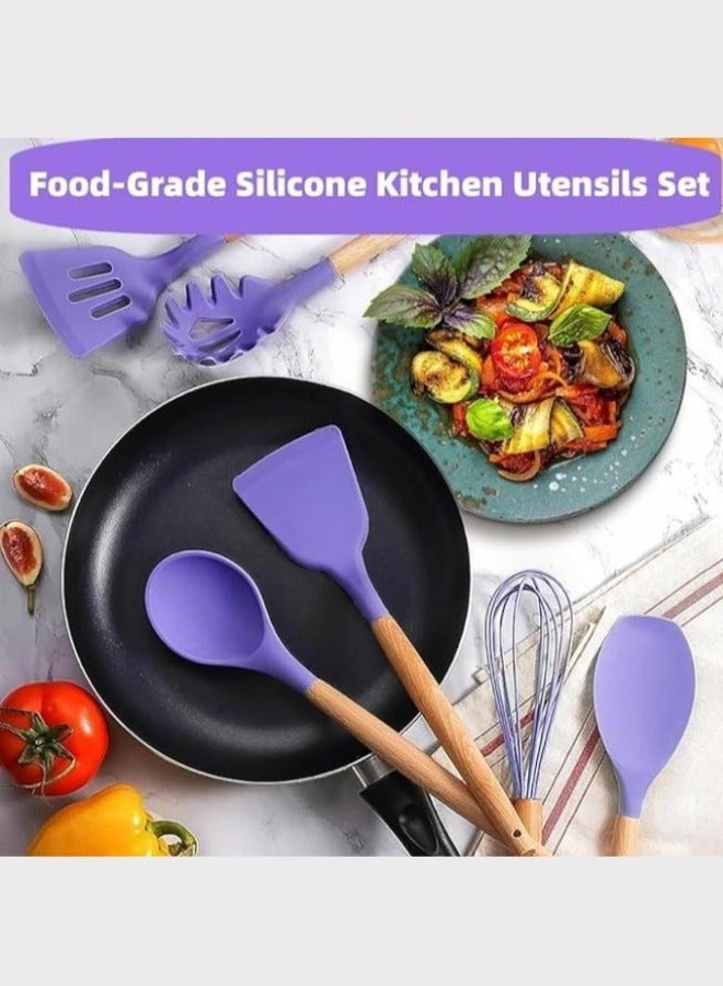 إلترازون 12-Piece Silicone Kitchen Utensil Set with Wooden Handles & Holder, Heat-Resistant BPA-Free Cooking Tools for Non-Stick Cookware – Spatula, Spoon, Turner & Kitchen Accessories (Purple) - Image 4