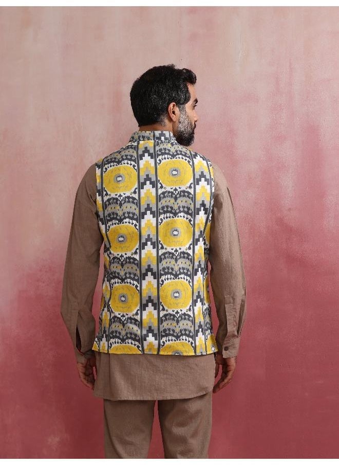 trueBrowns - Men's Grey Ikat Print Cotton Reversible Nehru Jacket - Image 1