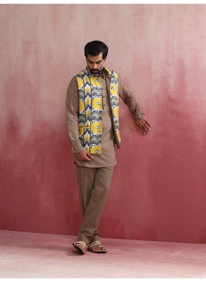 trueBrowns - Men's Grey Ikat Print Cotton Reversible Nehru Jacket - Image 1