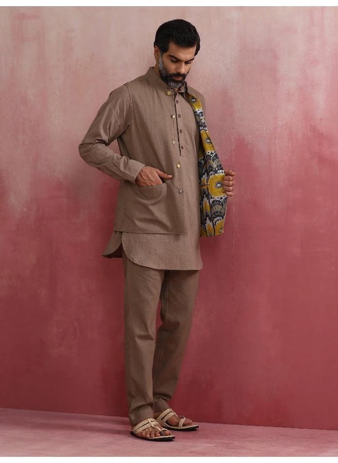 trueBrowns - Men's Grey Ikat Print Cotton Reversible Nehru Jacket - Image 1