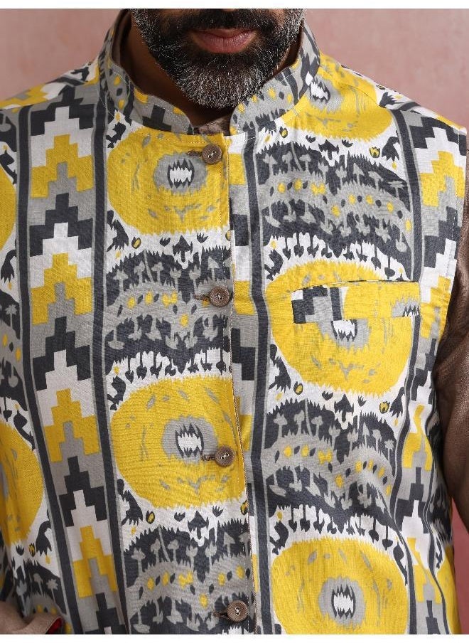 trueBrowns - Men's Grey Ikat Print Cotton Reversible Nehru Jacket - Image 1