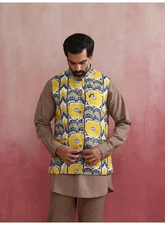trueBrowns Men's Grey Ikat Print Cotton Reversible Nehru Jacket