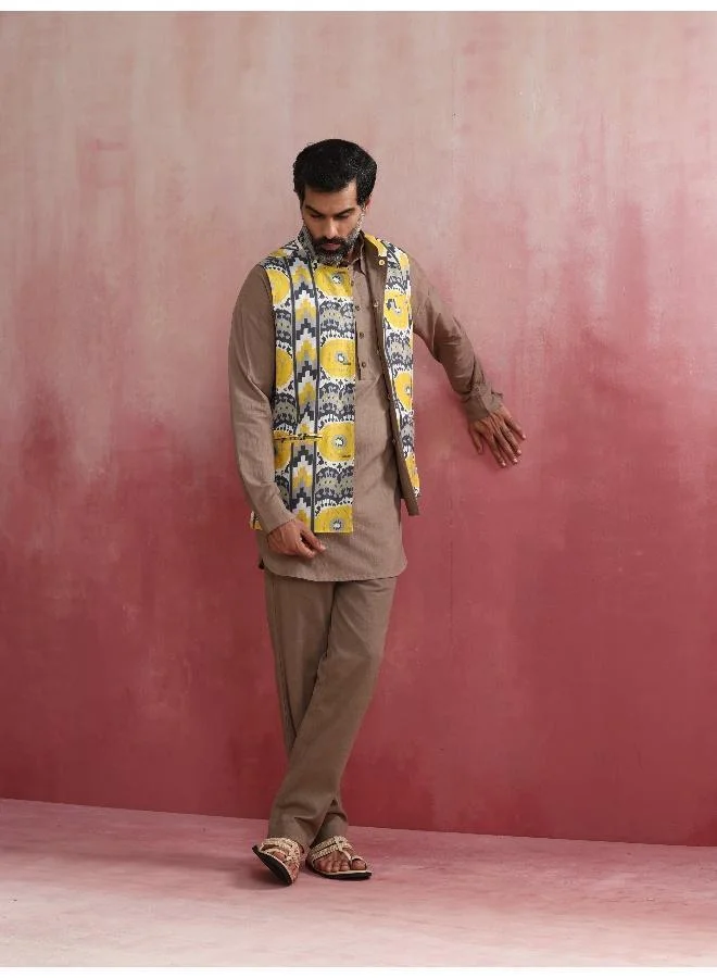 trueBrowns Men's Grey Ikat Print Cotton Reversible Nehru Jacket