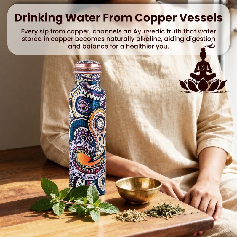 Craft Trade 100% Pure Copper Water Bottle (34 Oz) â€“ 1Liter Bottle for Drinking with Ayurvedic Health Benefits â€“ Handcrafted in Ethnic Print, Leak-Proof, BPA-Free, Heavy-Duty with Jute Carry Case - Image 2