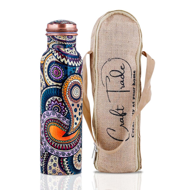Craft Trade 100% Pure Copper Water Bottle (34 Oz) â€“ 1Liter Bottle for Drinking with Ayurvedic Health Benefits â€“ Handcrafted in Ethnic Print, Leak-Proof, BPA-Free, Heavy-Duty with Jute Carry Case - Image 1