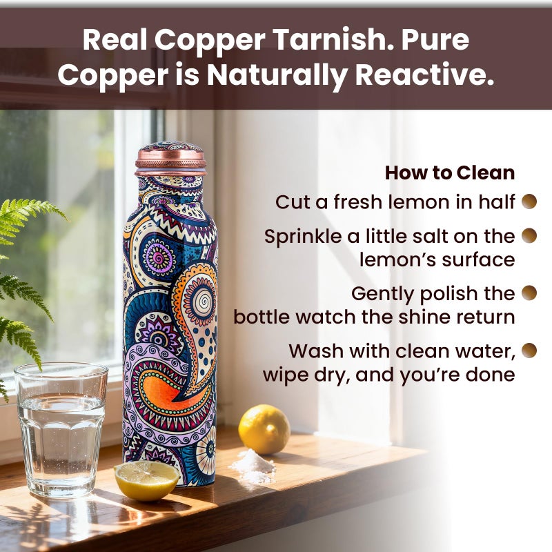 Craft Trade 100% Pure Copper Water Bottle (34 Oz) â€“ 1Liter Bottle for Drinking with Ayurvedic Health Benefits â€“ Handcrafted in Ethnic Print, Leak-Proof, BPA-Free, Heavy-Duty with Jute Carry Case - Image 3