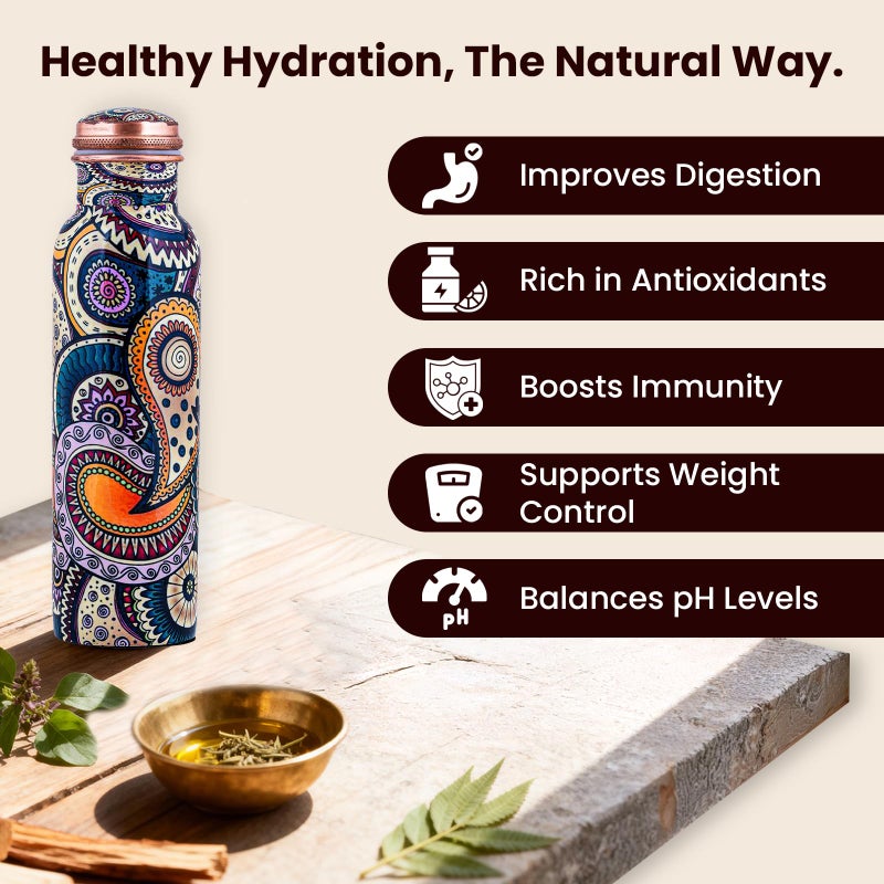 Craft Trade 100% Pure Copper Water Bottle (34 Oz) â€“ 1Liter Bottle for Drinking with Ayurvedic Health Benefits â€“ Handcrafted in Ethnic Print, Leak-Proof, BPA-Free, Heavy-Duty with Jute Carry Case - Image 4