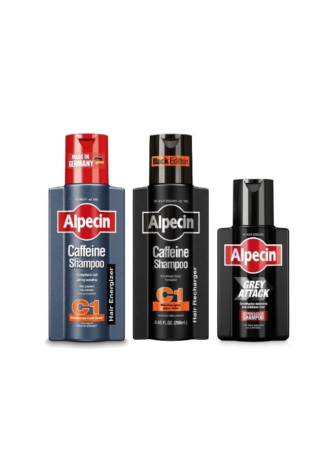 Alpecin Grey Attack Caffeine  200ml + & Caffeine Shampoo C1 Black Edition 250ml + Color Caffeine Shampoo C1 250ml Hair Care Set for Men - Image 1