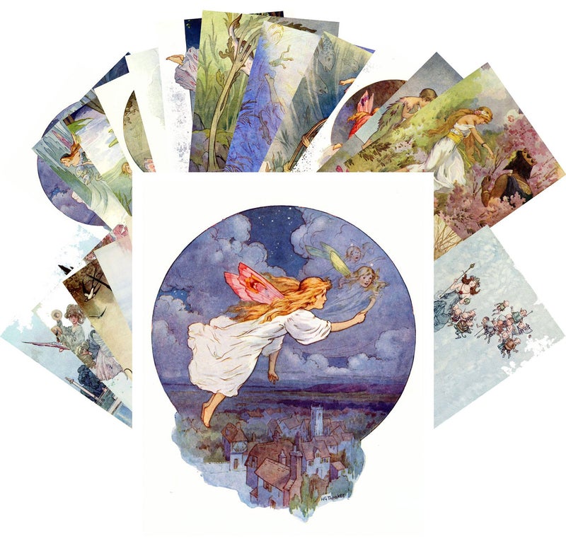 PIXILUV Vintage PostCards 24 pcs Fairy Tales Small People Vintage Book Illustration - Image 1
