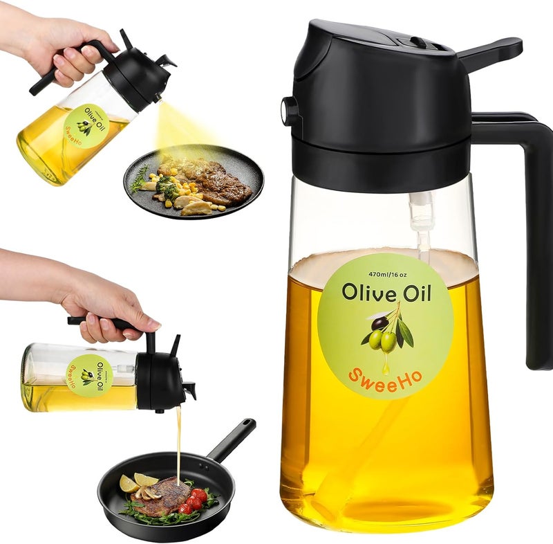 SweeHo Oil Sprayer for Cooking,470ml Cooking Olive Oil Sprayer and Oil Dispenser 2 In 1, Food-grade Glass Oil Spray Bottle Mister for Air Fryer, BBQ, Griddle (Black+transparent glass and color label) - Image 1