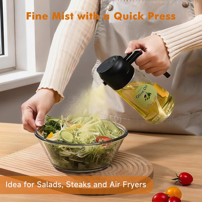 SweeHo Oil Sprayer for Cooking,470ml Cooking Olive Oil Sprayer and Oil Dispenser 2 In 1, Food-grade Glass Oil Spray Bottle Mister for Air Fryer, BBQ, Griddle (Black+transparent glass and color label) - Image 2