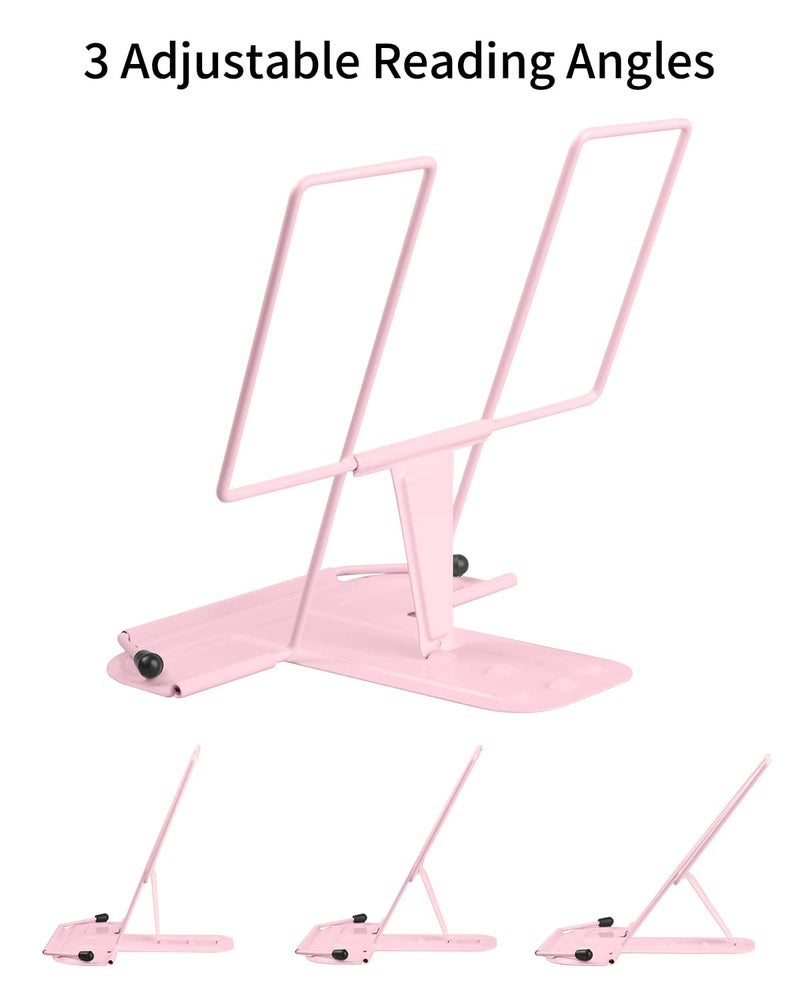 MSDADA Metal Book Stand for Desk, Adjustable Reading Rest Book Holder, Portable Cookbook Documents Holder, Sturdy Typing Stand for Recipes Textbooks Tablet Music Books with Page Clips (Macaron Pink) - Image 2