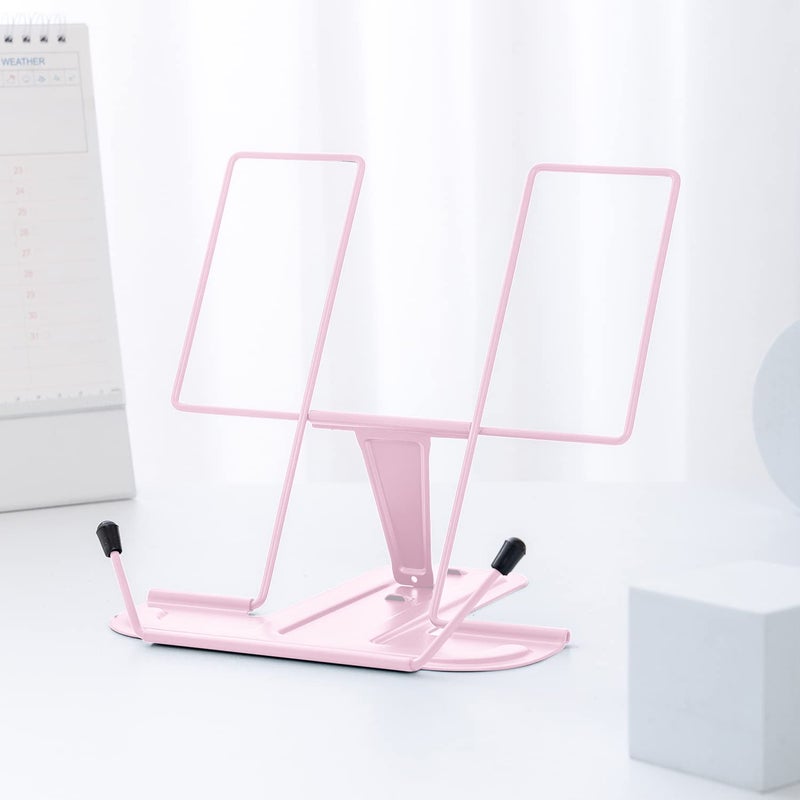 MSDADA Metal Book Stand for Desk, Adjustable Reading Rest Book Holder, Portable Cookbook Documents Holder, Sturdy Typing Stand for Recipes Textbooks Tablet Music Books with Page Clips (Macaron Pink) - Image 1