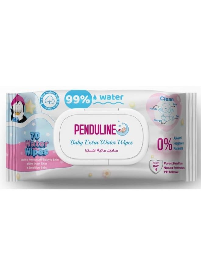 بيندولين مناديل مبللة للاطفال مع 99% ماء اضافي، 70 قطعة | الاذريون | لحديثي الولادة واليوم الاول | بشرة حساسة | خالية من الكحول - عطر - بارابين