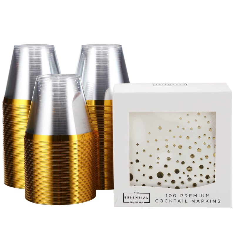 Essential Concierge Stylish GoldRimmed Plastic Cups 9 oz  100 Disposable with Gold Napkins