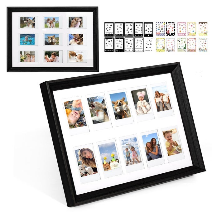 MINI 3 INCH FILM PHOTO FRAME FOR FUJI POLAROID INSTAX MINI 121199EVO INSTANT CAMERA WOODEN FRAME HOLDS 22X34 INCHES 10 PHOTOS WITH STICKER FOR WALL TABLETOP DISPLAY ONLY ONEBLACK