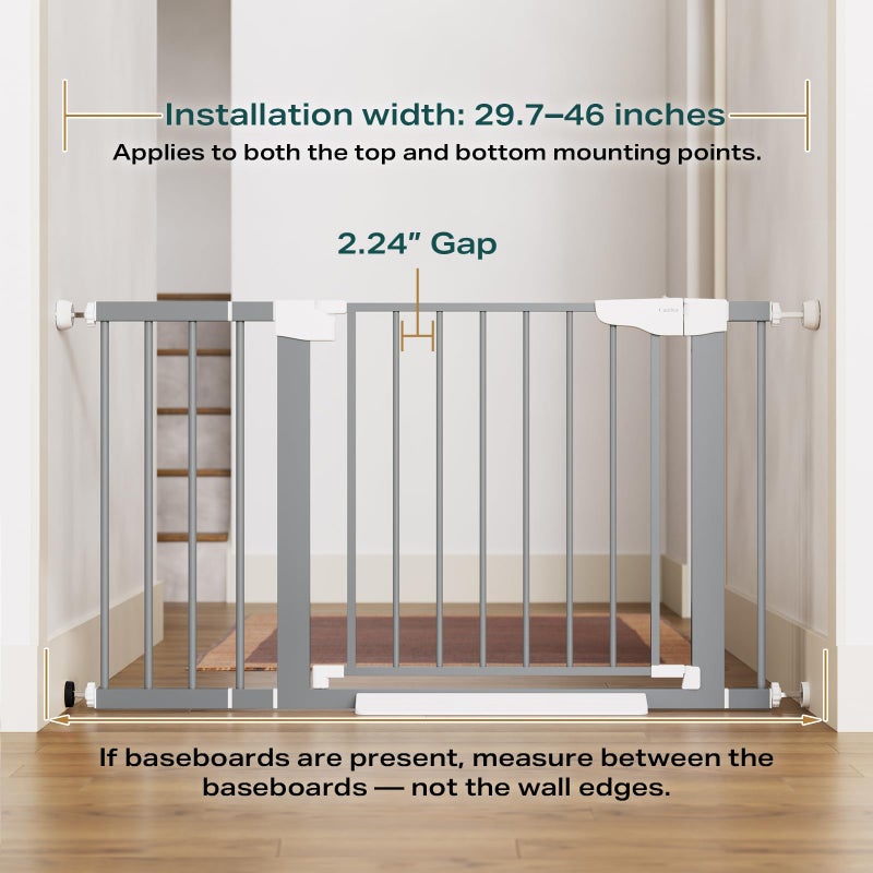 Cumbor 29.7-46" Baby Gate for Stairs, Gifts for Mom-Auto Close Dog Gate for The House, Easy Install Pressure Mounted Pet Gates for Doorways, Easy Walk Thru Wide Safety Gate for Dog, Gray - Image 2