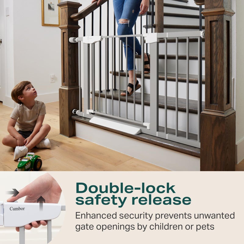 Cumbor 29.7-46" Baby Gate for Stairs, Gifts for Mom-Auto Close Dog Gate for The House, Easy Install Pressure Mounted Pet Gates for Doorways, Easy Walk Thru Wide Safety Gate for Dog, Gray - Image 4