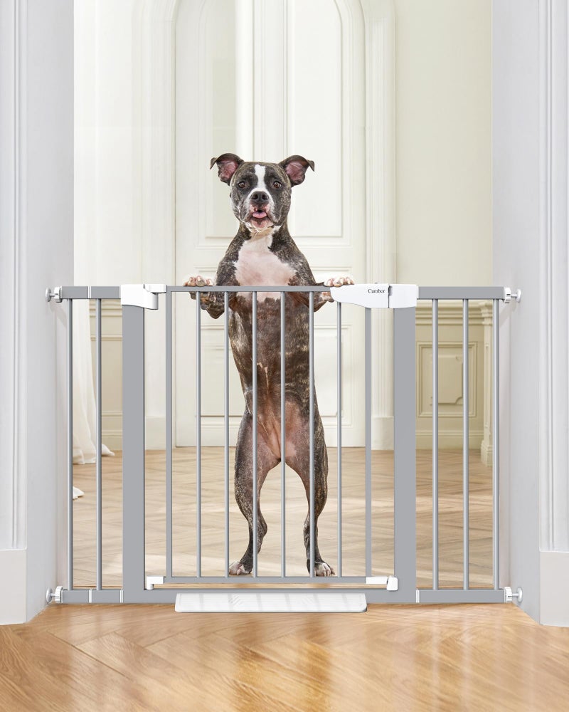 Cumbor 29.7-46" Baby Gate for Stairs, Gifts for Mom-Auto Close Dog Gate for The House, Easy Install Pressure Mounted Pet Gates for Doorways, Easy Walk Thru Wide Safety Gate for Dog, Gray - Image 1