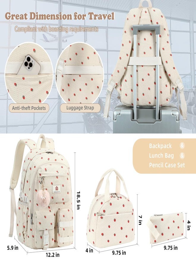 Hidds School Backpack with Lunch Box Laptop College Backpacks Corduroy Students Bookbag with Lunch Bag for Teens Girls Women, 18-corduroy Beige Strawberries Set, Large, School Backpack, College - Image 3