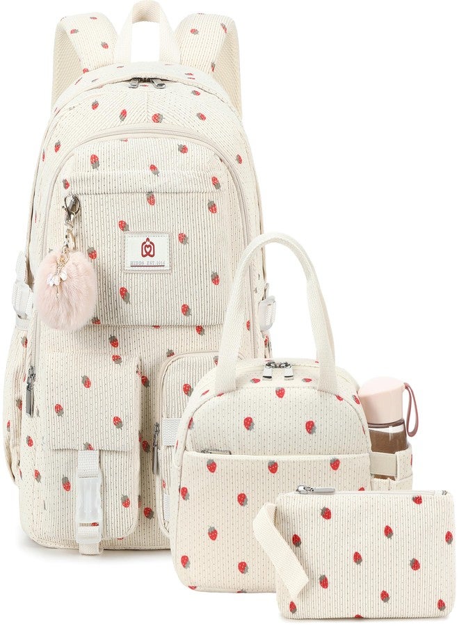Hidds School Backpack with Lunch Box Laptop College Backpacks Corduroy Students Bookbag with Lunch Bag for Teens Girls Women, 18-corduroy Beige Strawberries Set, Large, School Backpack, College - Image 1