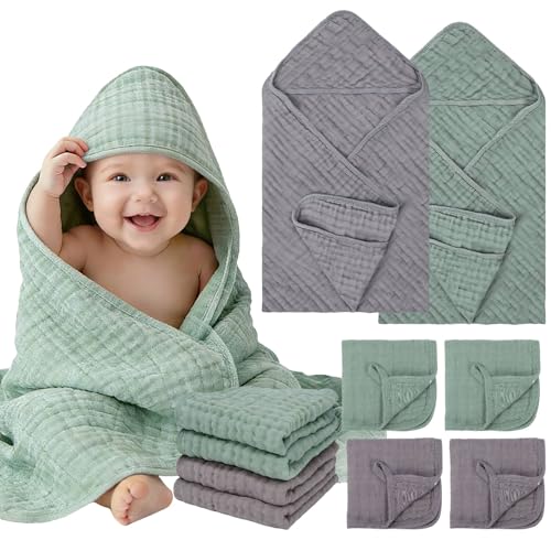 Flasoo 6 Pcs Muslin Hooded Baby Bath Towels Sets 2 Pack 100 Cotton Baby Towel 4 Pack Muslin Washclothes 32x32Inch Baby Towels Cotton for Babies Infants Toddlers 100 Cotton Bath Essentials - Image 1