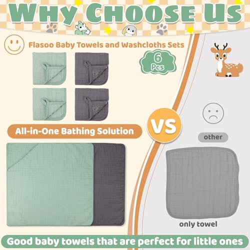 Flasoo 6 Pcs Muslin Hooded Baby Bath Towels Sets 2 Pack 100 Cotton Baby Towel 4 Pack Muslin Washclothes 32x32Inch Baby Towels Cotton for Babies Infants Toddlers 100 Cotton Bath Essentials - Image 3