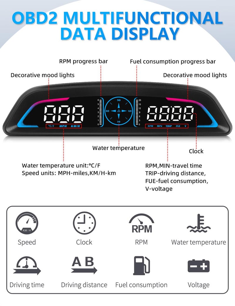 MAIMEIMI OBD2 Speedometer for Car Digital with Time, Speed, Mileage, RPM, Volt, Water Temp, Overspeed, Fatigued Driving Alert LCD Screen OBD2 Guage Display for Car Head Up Display HUD for Most 2008+ Sedan Cars - Image 2