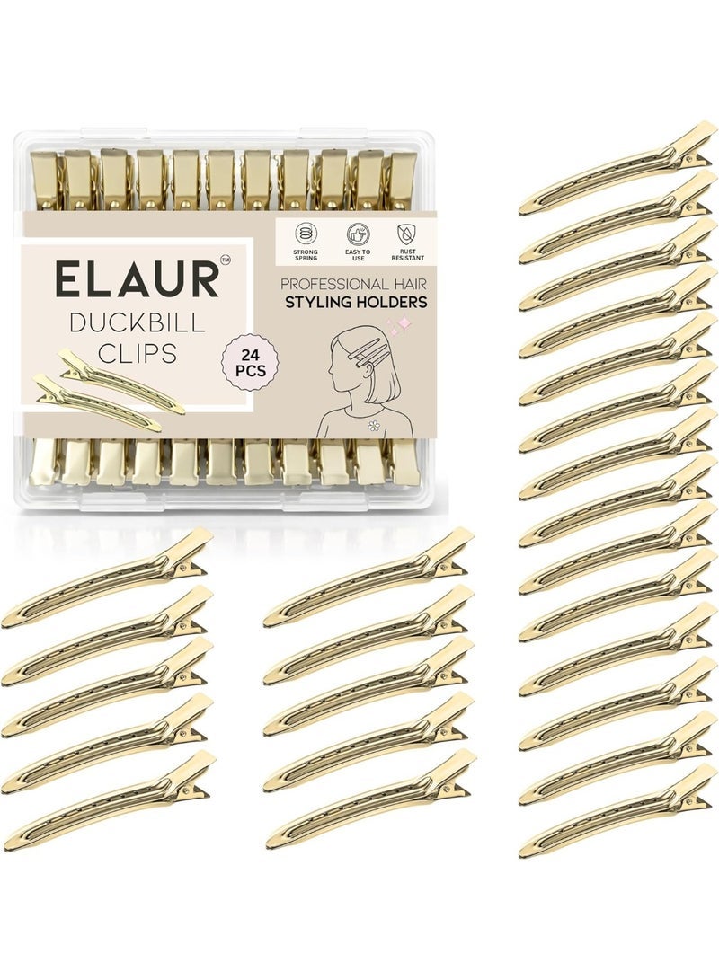 ELAUR 24-Pack Duck Bill Hair Clips – 3.5" Rustproof Metal Alligator Clips with Holes for Hair Styling & Sectioning – Salon & Home Use (Gold) - Image 1