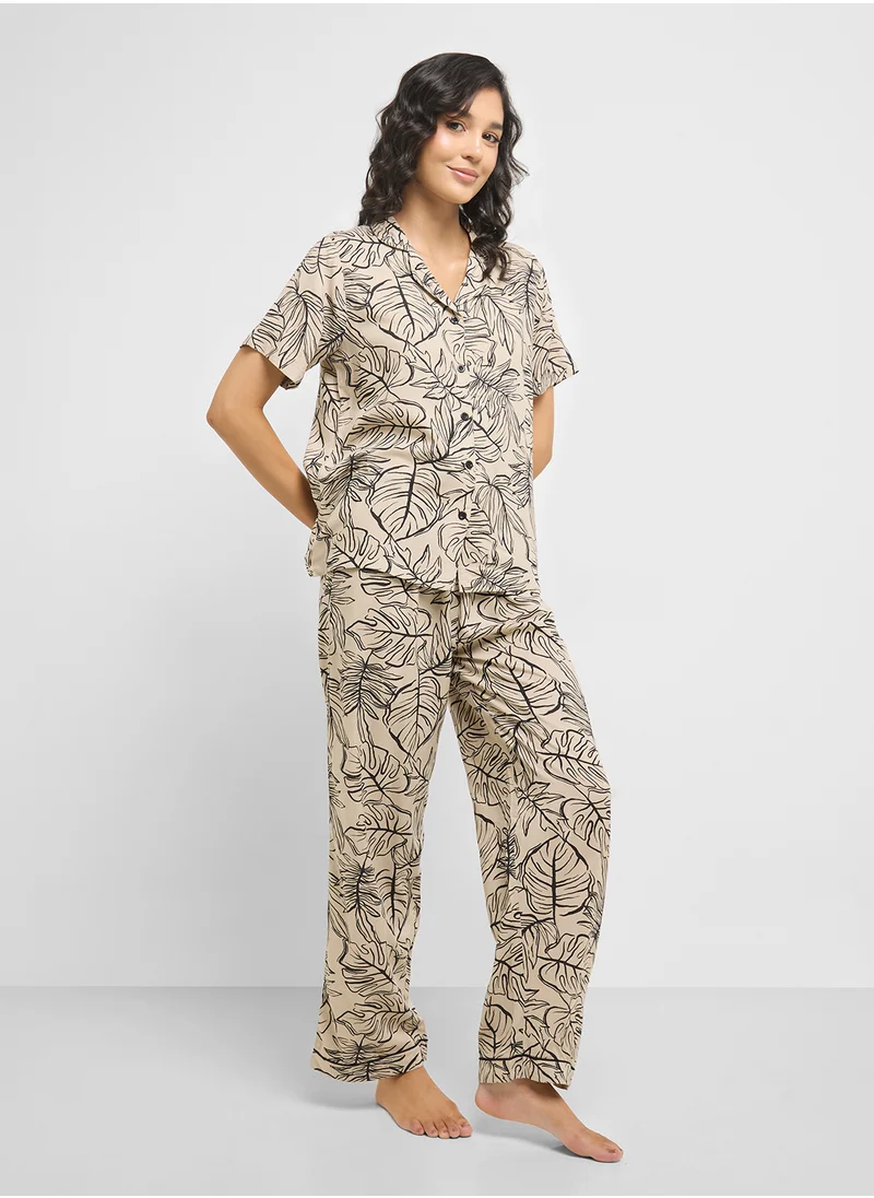 جينجر Monochrome Printed Shirt & Pyjama  Set