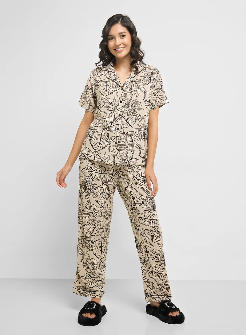 Ginger Monochrome Printed Shirt & Pyjama  Set